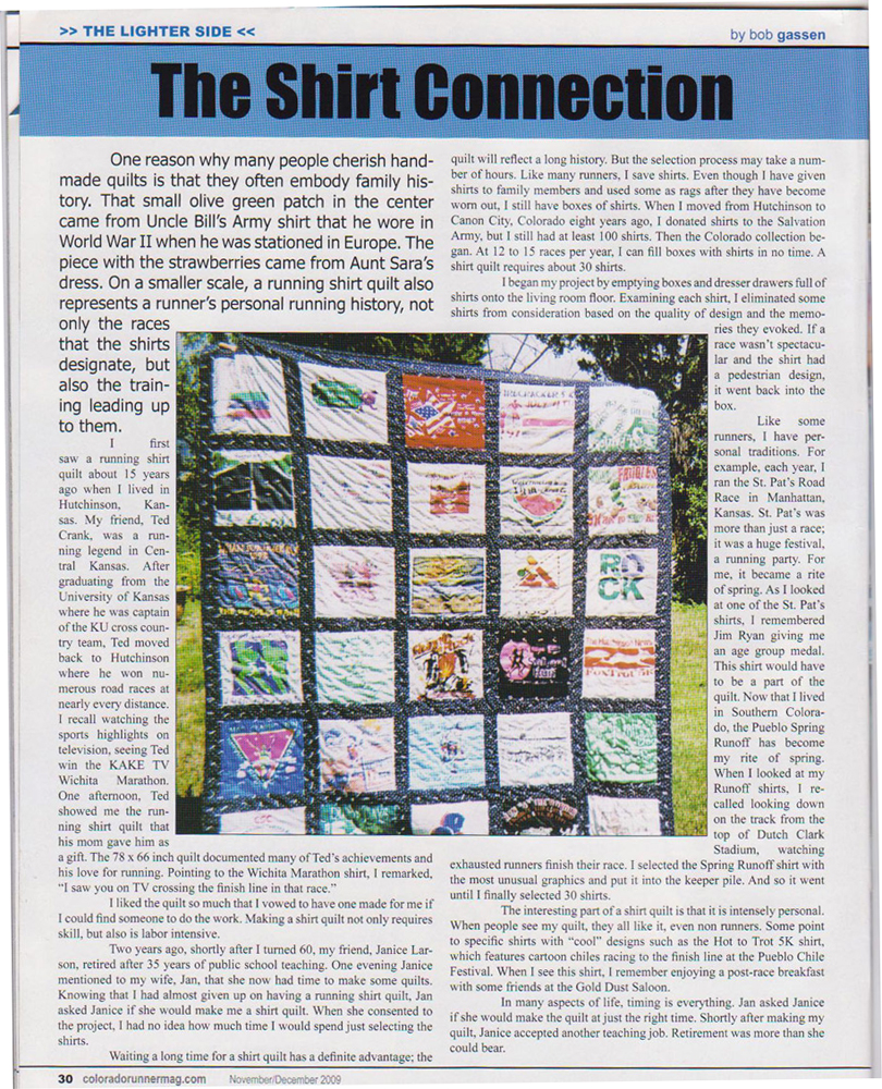Photo of article by Bob Gassen on shirt quilt.
