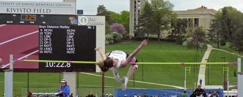 Photo of KU's Liz Beisner in the high jumpo at the KU Relays.