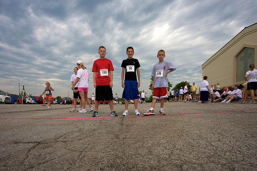 Photo of 3 boys at start of Legacy Run in Lawrence KS on June 5, 2010.