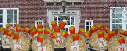 Photo of the candy turkeys with the bib numbers lined up in front of Woodlawn School.