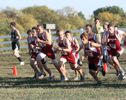 Photo of the start of thye boys race at Fall Leaf Farm, the Eudora XC Invitational.