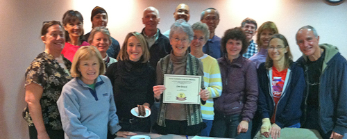 Photo of runLawrence members with Dee Boeck, RRCA certified race director at the March 3, 2013 meeting.