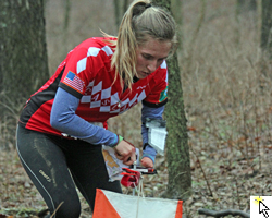 Photo of Lilja Osterman, Cascade Orienteering Club at the Intercollegiate and Interscholastic Orienteering Championships held at Shawnee Mission Park on March 9-10, 2013.
