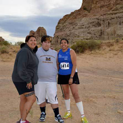 Photograph: Rhonda Levaldo, on right, with her sister Earleen Warrior and nephew Blade Warrior before they begin their run.