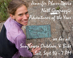 Photo of Jennifer Pharr-Davis and promo for September 14 talk at Sunflower Outdoor & Bike.