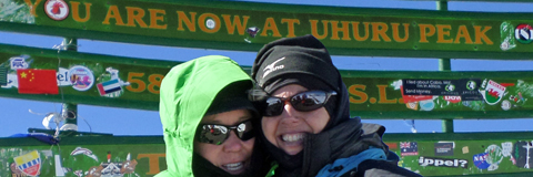 Photo of Liz Dobbins and Cheryl Denton at the summit of Mt. Kilimanjaro.