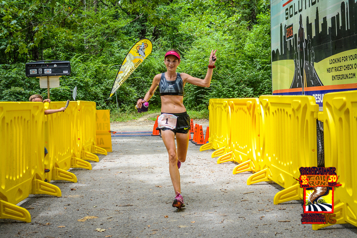 Photo of Kaci Lickteig winning the July 23, 2016 Psycho Psummer 50K.