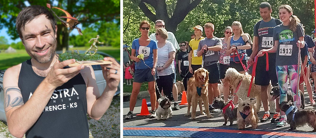 Photos of Matt Quijas with a Skyline Shuffle award, and the start of the Paw Valley Festival 5K.